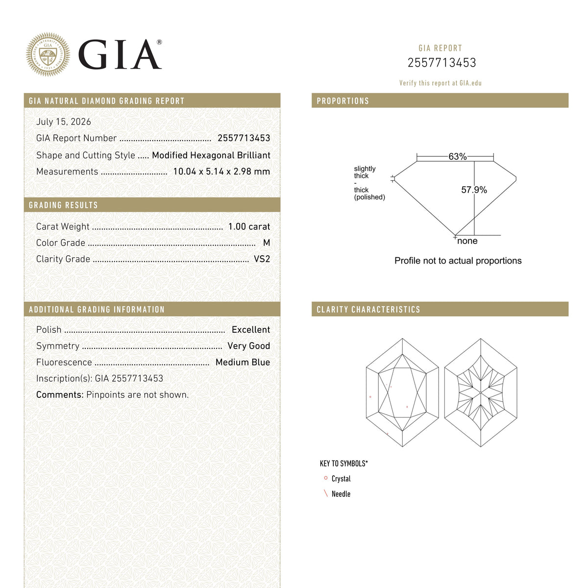 1.00ct 10.04x5.14x2.98mm GIA VS2 M Hexagon Brilliant 28310-01