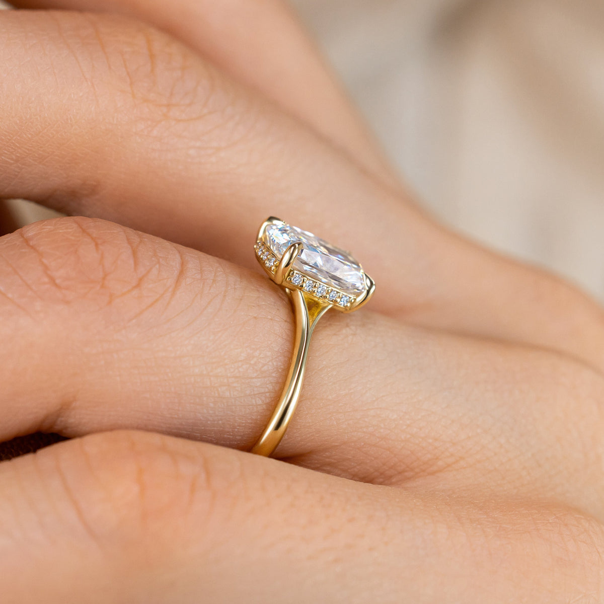 Clementine Hidden Halo ~ Elongated Cushion Cut Ring