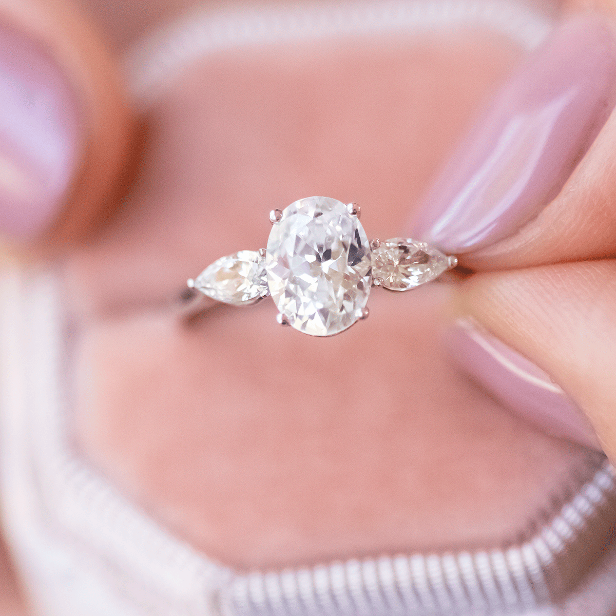 Mae ~ Pear Three Stone Ring