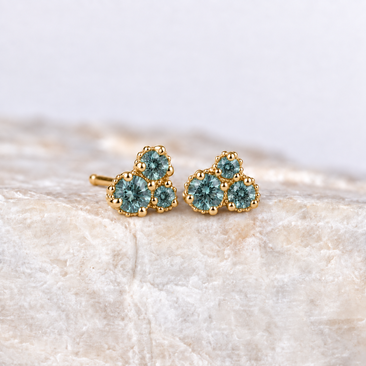 Trio Sapphire Cluster Earrings ~ Yellow Gold