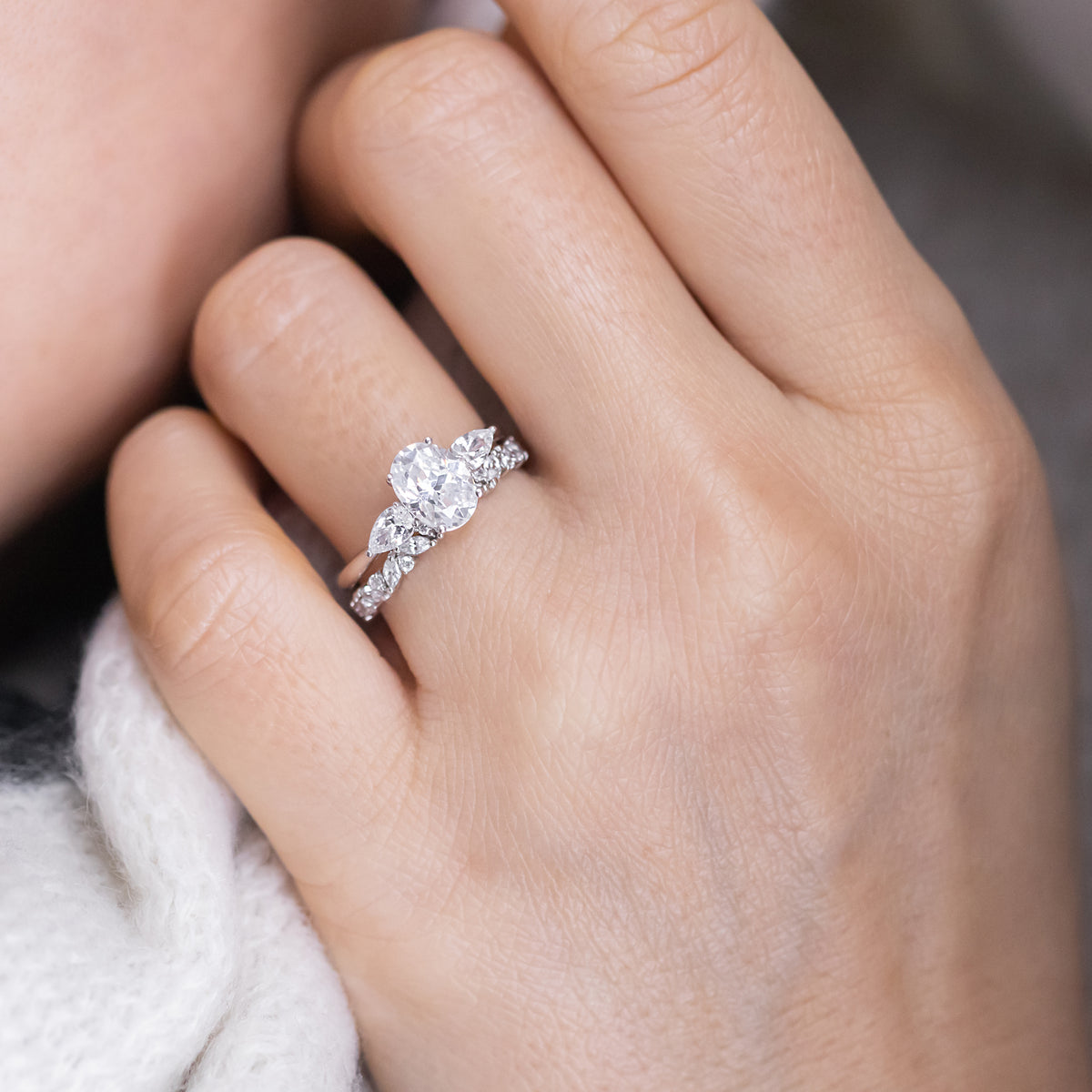 Mae ~ Pear Three Stone Ring