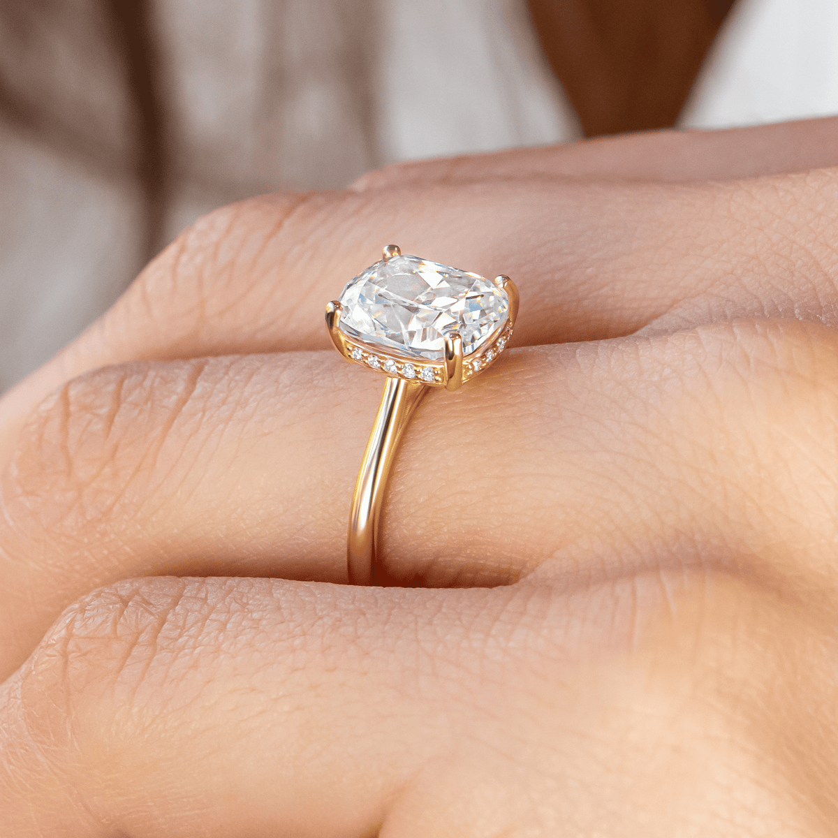 Maeve ~ Elongated Cushion Hidden Halo Engagement Ring
