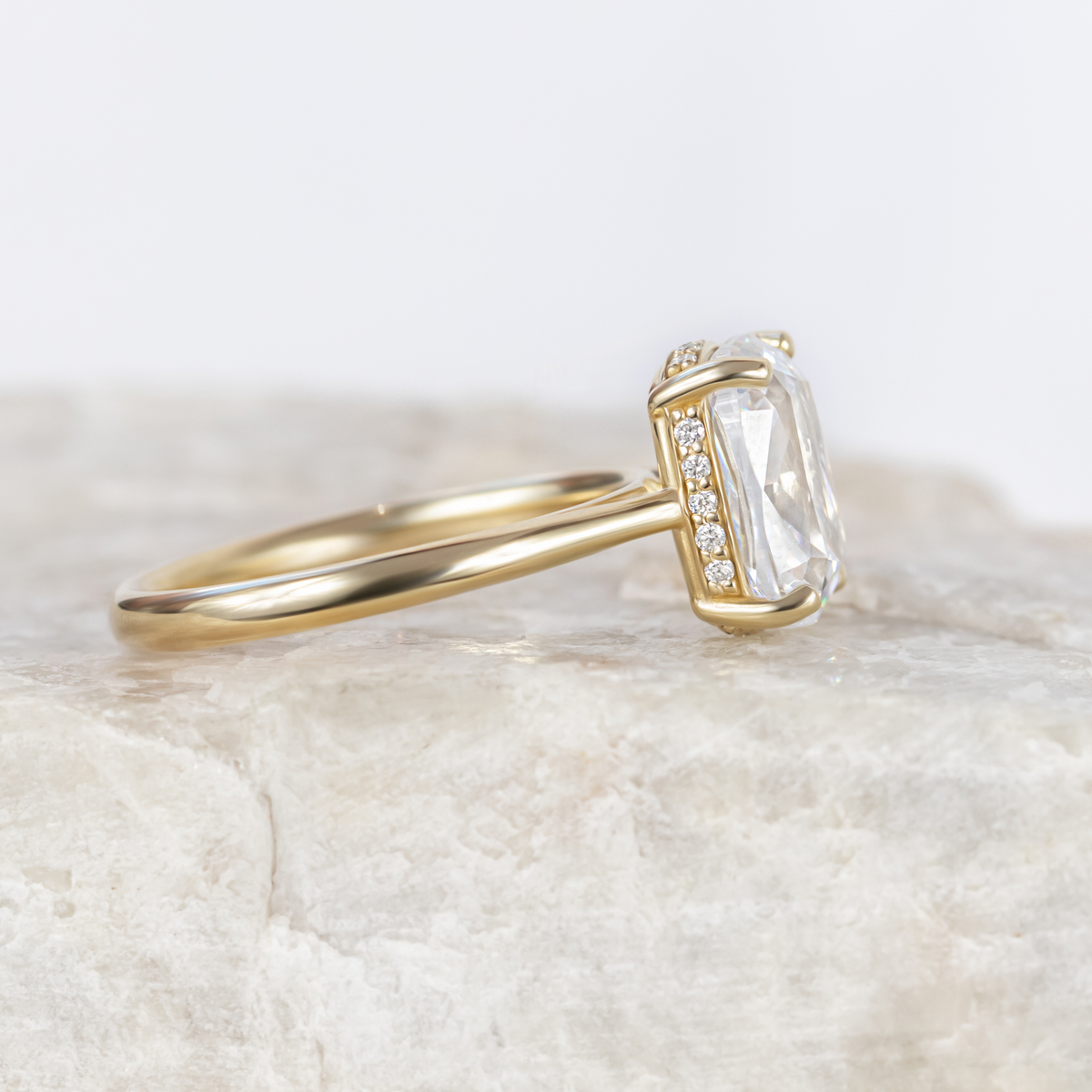 Maeve ~ Elongated Cushion Hidden Halo Engagement Ring