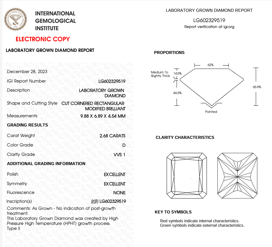 RADIANT - 2.68ct D VVS1 HPHT - IGI 565185