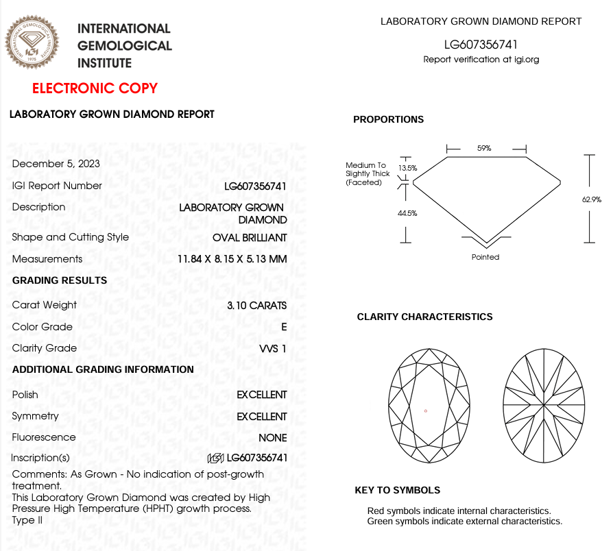 OVAL - 3.10ct E VVS1 HPHT - IGI 564886