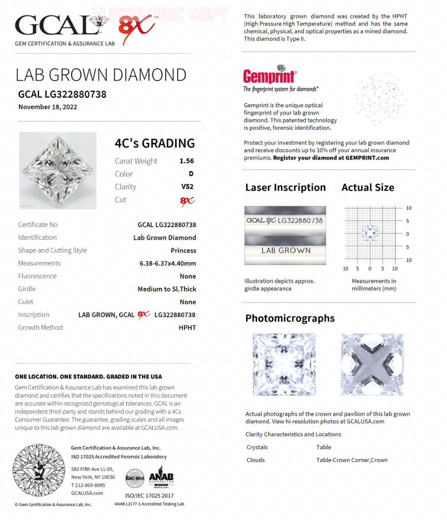 PRINCESS 1.56ct D VS2 HPHT-GCAL 512093