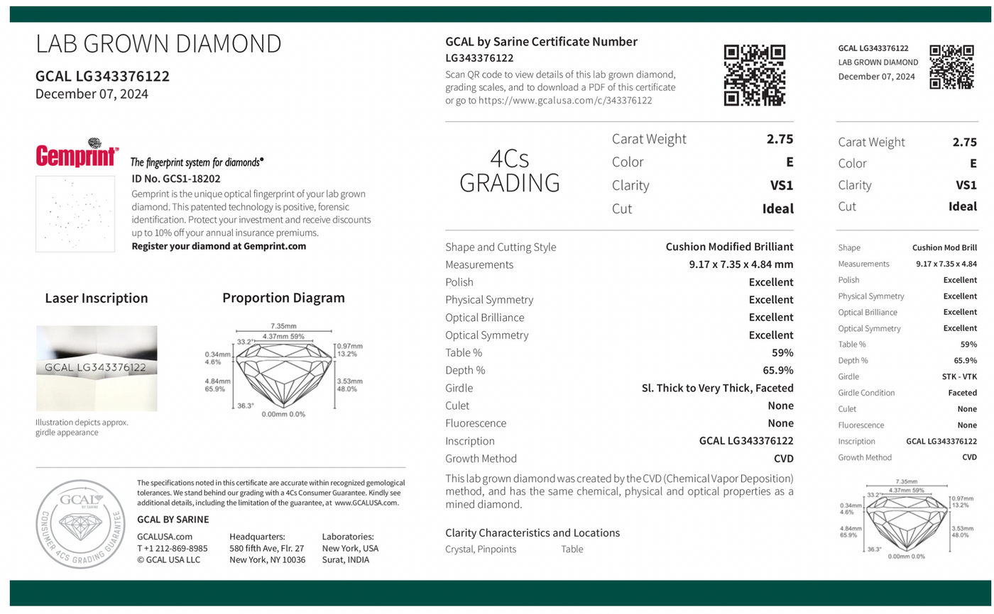 ELONGATED CUSHION 2.75ct E VS1 CVD GCAL 500020170