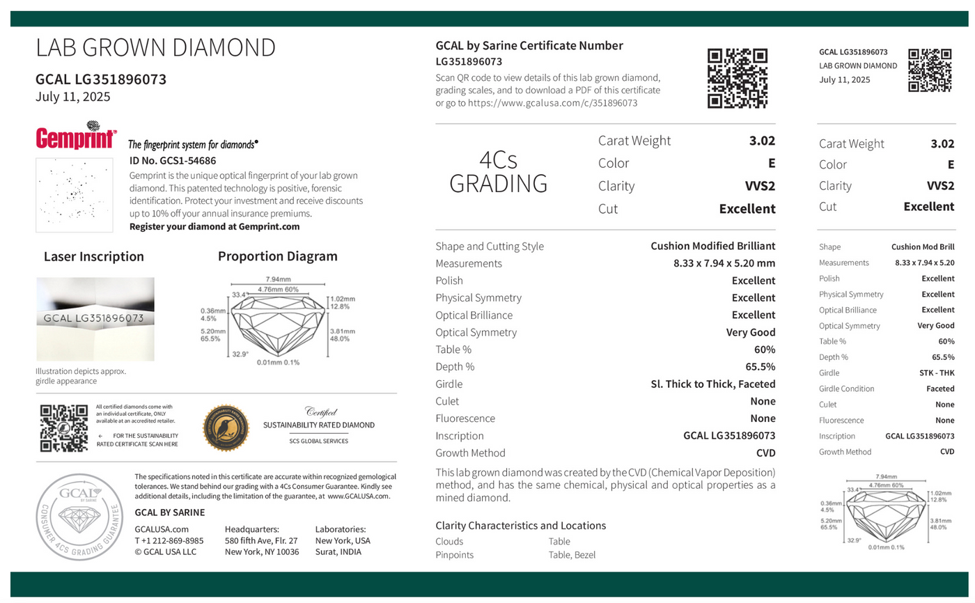 CUSHION 3.02ct E VVS2 EXCELLENT 500069309