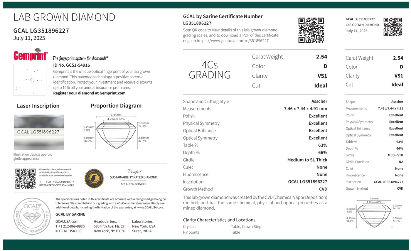 ASSCHER 2.54ct D VS1 IDEAL 500069856