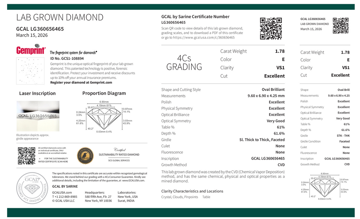OVAL 1.78ct E VS1 EXCELLENT 500114518 (SCS-007 Certified)
