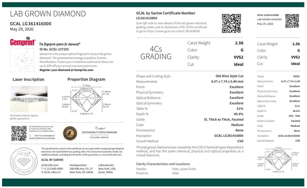 OLD MINE CUT CUSHION 2.56ct G VVS2 IDEAL 500125205 (SCS Certified)