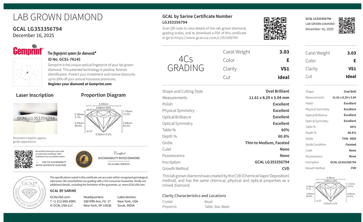 OVAL 3.03ct E VS1 IDEAL 500101967 (SCS Certified)