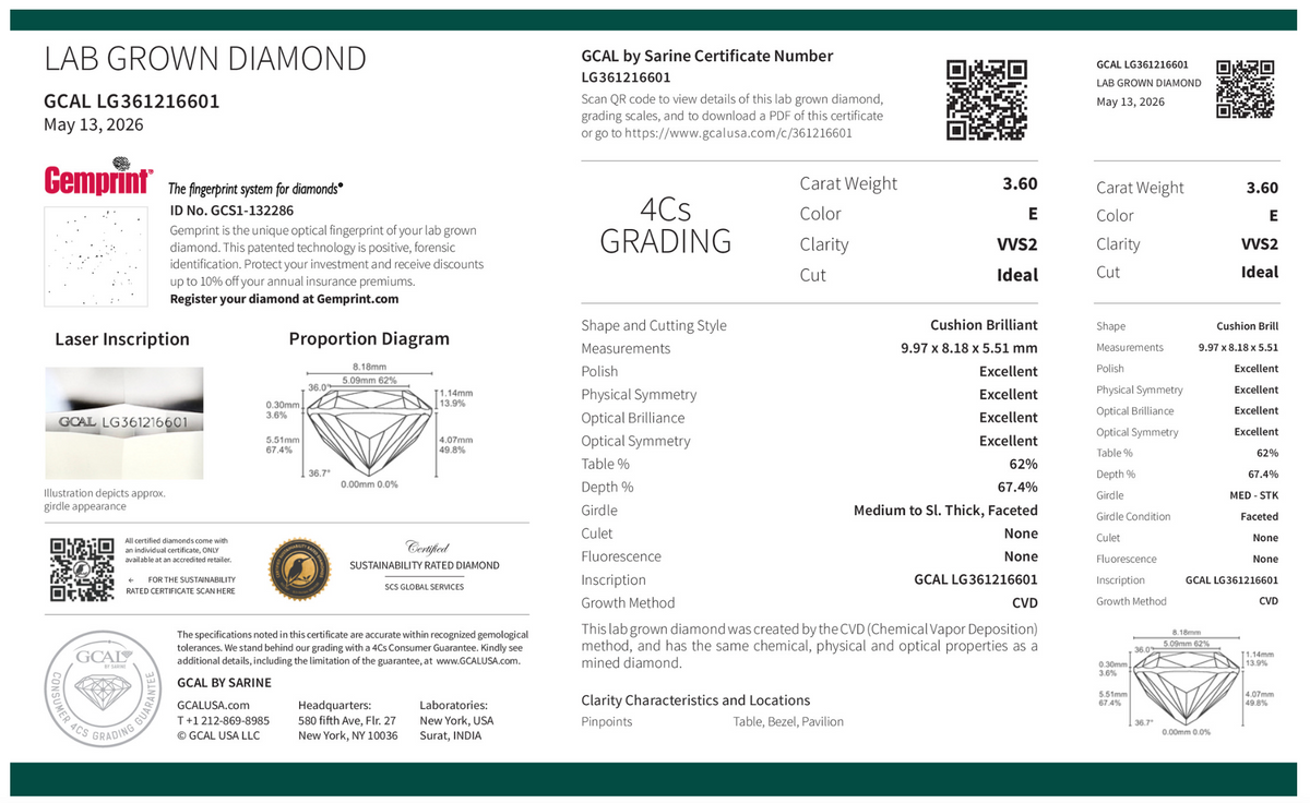 ELONGATED CUSHION 3.60ct E VVS2 IDEAL 500121926