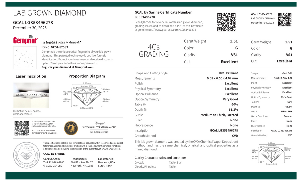 OVAL 1.51ct G VS1  EXCELLENT 500101840 (SCS Certified)