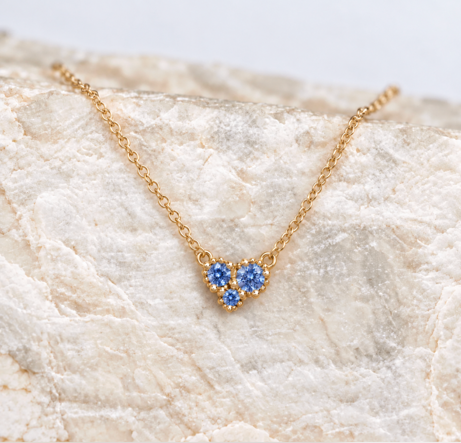 Trio Denim Sapphire Cluster Necklace - Yellow Gold ~ Ready to Ship