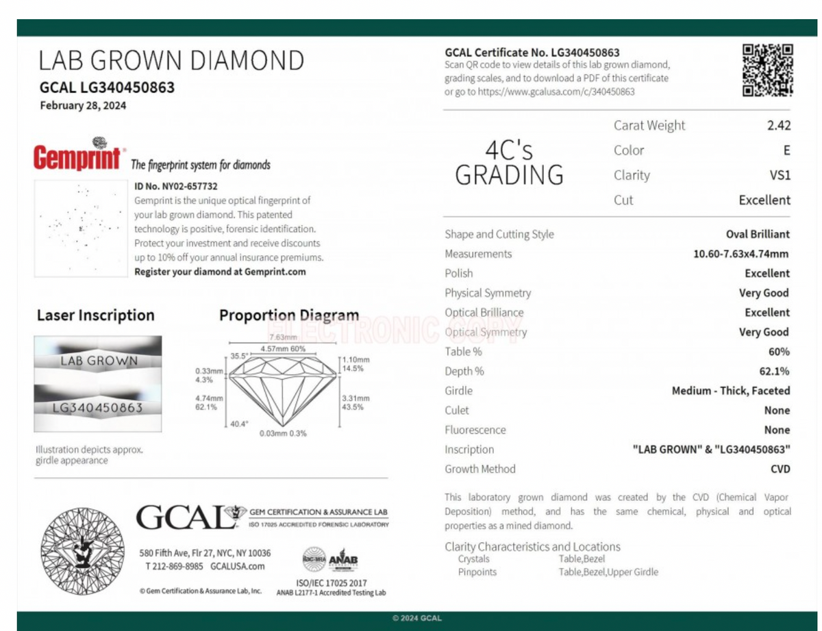 OVAL - 2.42ct E VS1 CVD - GCAL 566314