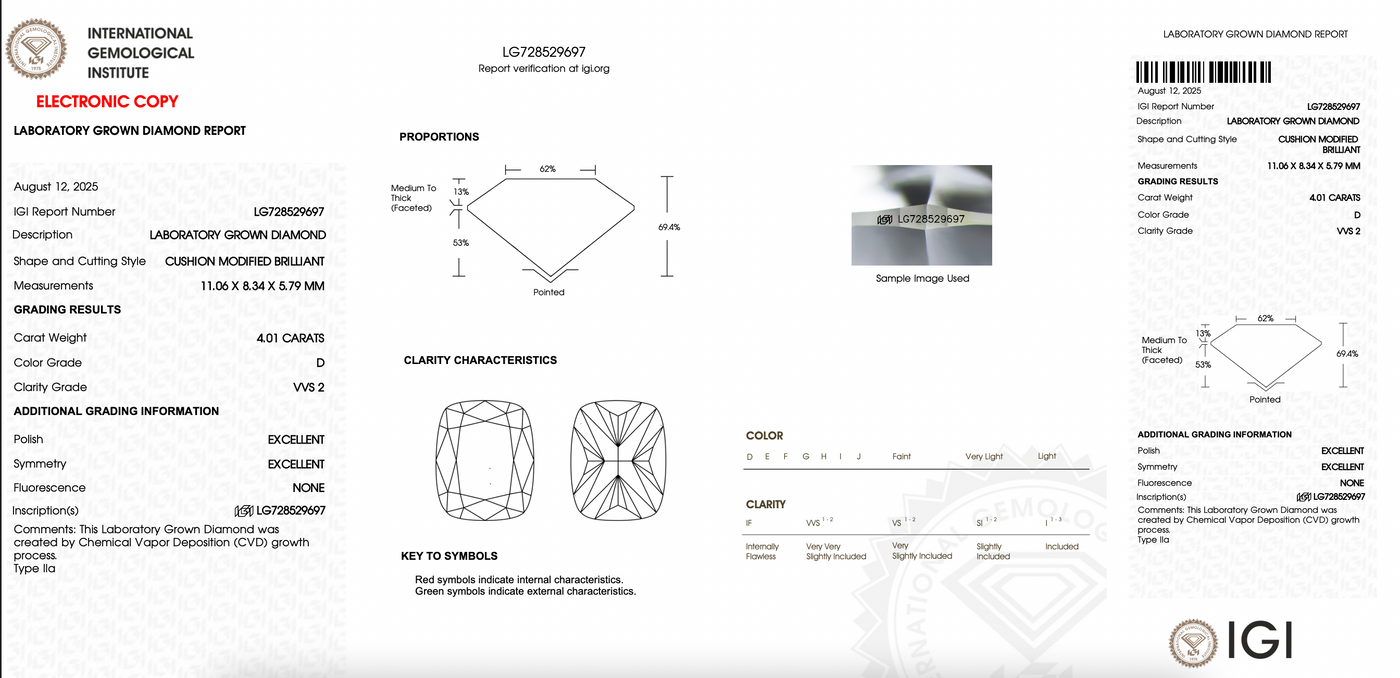 ELONGATED CUSHION 4.01 D VVS2 EXCELLENT 82A11182E