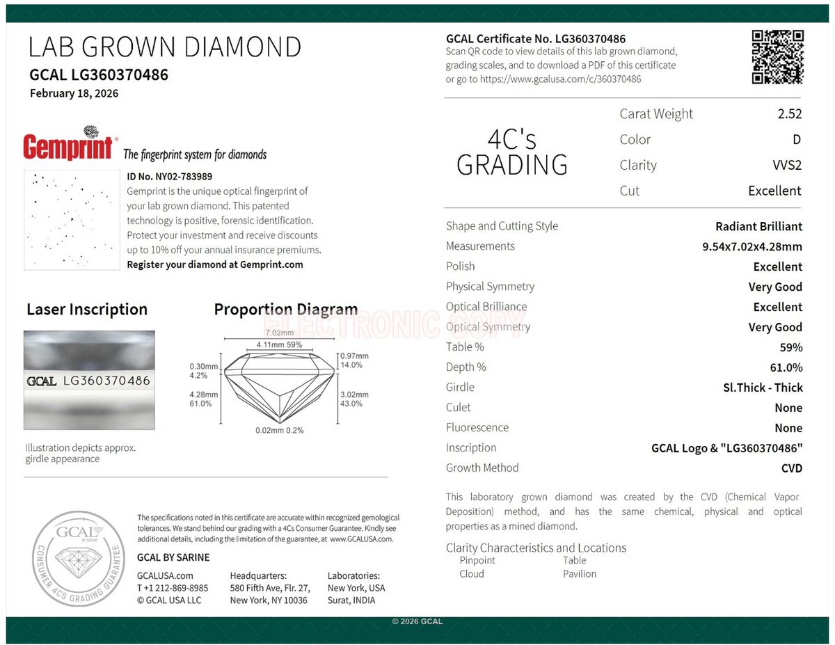 RADIANT 2.52ct D VVS2 EXCELLENT 500106853