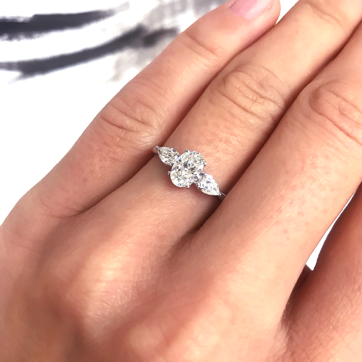 Mae ~ Pear Three Stone Ring