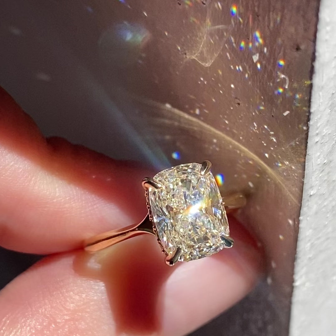 Clementine Hidden Halo ~ Elongated Cushion Cut Ring