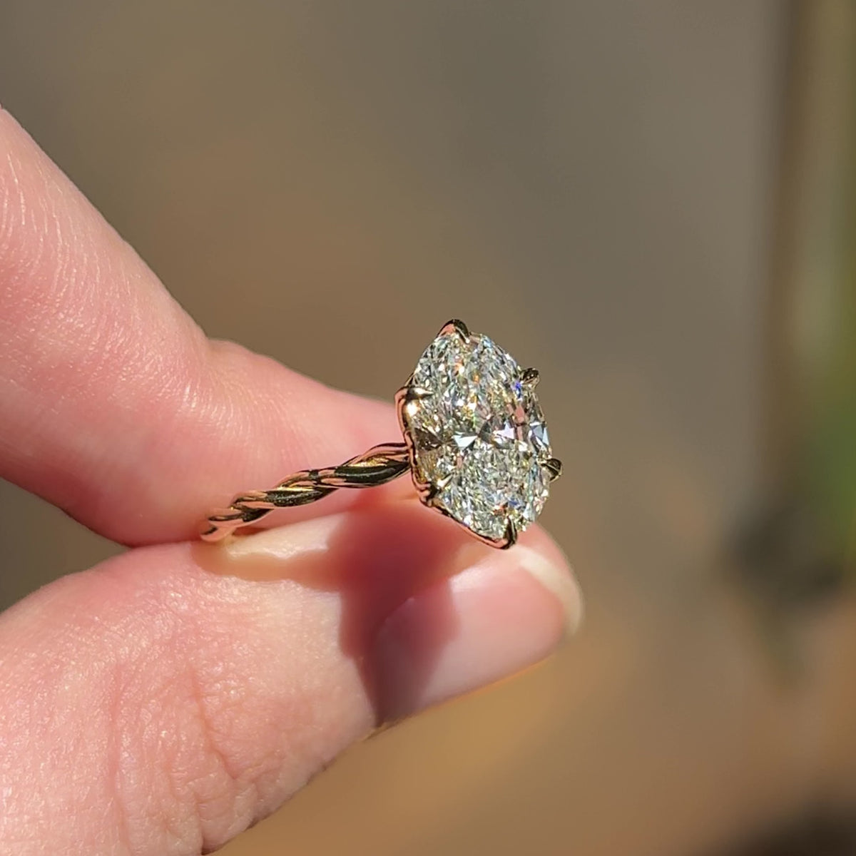 Custom Twisted Band Petal Prong Oval Ring